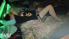 teen couple has sex on squeaky illuminated hotel bed with muff diving and natural tits