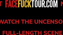 cute brunette babe suggestively opens her mouth wide for sloppy monster cock sucking and facial