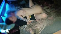 teen couple has sex on squeaky illuminated hotel bed with muff diving and natural tits