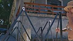 setting up tent in countryside with exhibitionist body in ass