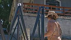 setting up tent in countryside with exhibitionist body in ass