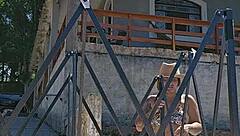 setting up tent in countryside with exhibitionist body in ass