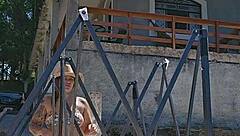 setting up tent in countryside with exhibitionist body in ass