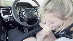 Beautiful slut deepthroats cock in car, clothes ripped, covered in cum