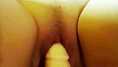 Wife uses dildo for multiple orgasms and squirting in homemade video