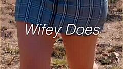 MILF Lifts Skirt to Show Shaved Pussy Outdoors