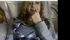 cute teen with perfect tits performs striptease and masturbation