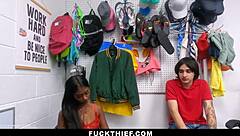 Sexy Indian teen 18+ caught shoplifting with boyfriend, fucked by white guard with monster cock in garage