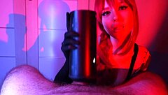 Pretty brunette teen uses sex toy on him then gives blowjob