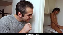 I caught cute asian teen thinasian using dildo in garage and punished her.