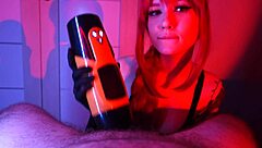 Pretty brunette teen uses sex toy on him then gives blowjob