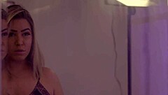 i'm behind the scenes watching my blonde friend with big tits getting fucked by a muscular guy with monster cock, ending in cumshot and facial