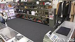 Lustful beauty gets rough blowjob in the shop