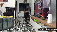 My big ass wife teases me to orgasm while watching TV