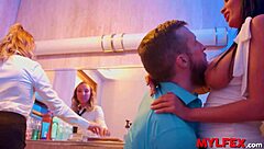 Excited babe attendant joins swinger couple in public bathroom for passionate group sex.