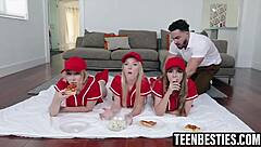 Sporty teen bffs ditch game for foursome pussy railing