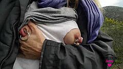 Nippleringlover kinky mother flashes pierced nipples and pussy on public street