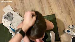 skinny girl kneels for blowjob ending in facial