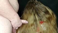 Taboo cum on stepmom's long hair