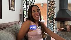 Big-ass Brazilian babe swallows cum in POV interview