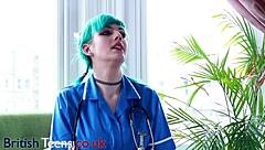 blue haired nurse gives jerk off instructions