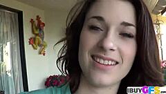 Sweet Brunette Babe Rubs Dildo on Pussy and Licks It Outdoors for Orgasm