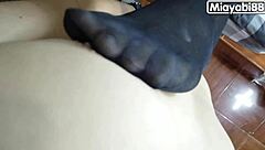sexy nylon stockings play with husband's big cock until cumshot on feet