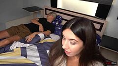 my stepfather rests after fishing, but we end up sharing the bed for a quick risky encounter.