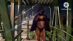 wife enjoys wild action with a fan on the light rail