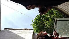 Outside anal and pussy fuck with face fucking doggystyle bent over leading to swallow closeup