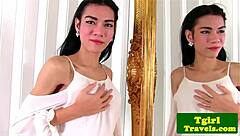 Busty ladyboy Mia teases and jerks her cock in mirror