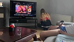 Shh, I'm secretly jerking off behind the hot blonde milf with big tits watching me.