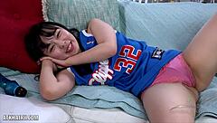 In a quiet moment, the shy Asian cheerleader Yukina Kaname explores her hairy bush with gentle fingering until orgasm.