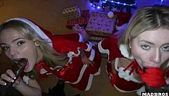 two beautiful christmas blondes take intense anal fucking under the tree then enjoy double penetration on a piano with monster black cocks in rough interracial foursome