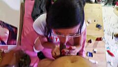 sexy shemale in pigtails and miniskirt swallows huge cock deep for anal gaping orgasm