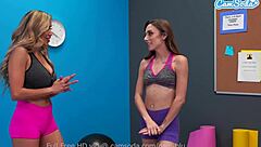 teen babe explores yoga instructor's shaved pussy with sensual licking in first-time session