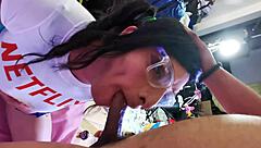 sexy shemale in pigtails and miniskirt swallows huge cock deep for anal gaping orgasm