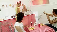 Blonde milf waitresses Diana Gold and Eva Mercedes take monster cocks in interracial foodie foursome.