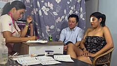 Doctor leads threesome extracting semen from patient while busty assistant masturbates in hospital setting.