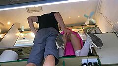 i feel so excited watching the boss tease his sexy shop assistant's wet shaved pussy outdoors while she chats with the customer