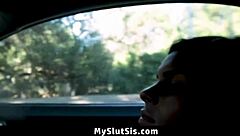skinny girl gives blowjob to guy in the car