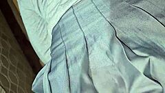 Curious stepsister bends over in her skirt, spotting my hard cock while I stroke it close up