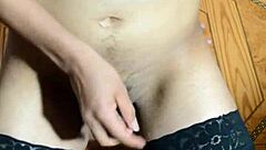 Transsexual ladyboy in stockings cums hard