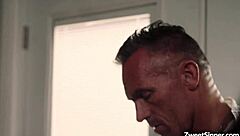 Seductive babe Whitney Wright charms an older guy into hardcore fucking with blowjob and cumshot for quick cash