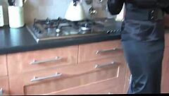 Natural busty housewife masturbates in stockings and high heels