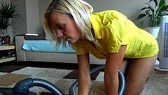 Blonde Sophie in Yellow Miniskirt Vacuums Pussy with Dildo While Smoking on Webcam!