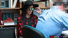 in the office, security guards catch a petite cute teen shoplifter and fuck her in a wild threesome