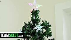 Blonde with big tits and tan lines enjoys ball licking and sloppy blowjob in taboo European Christmas orgasm trailer.