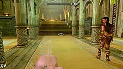 In the world of Skyrim, a big booty redhead struts nude with massive tits bouncing wildly.