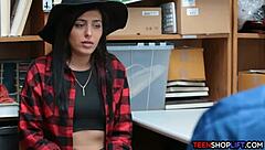 in the office, security guards catch a petite cute teen shoplifter and fuck her in a wild threesome